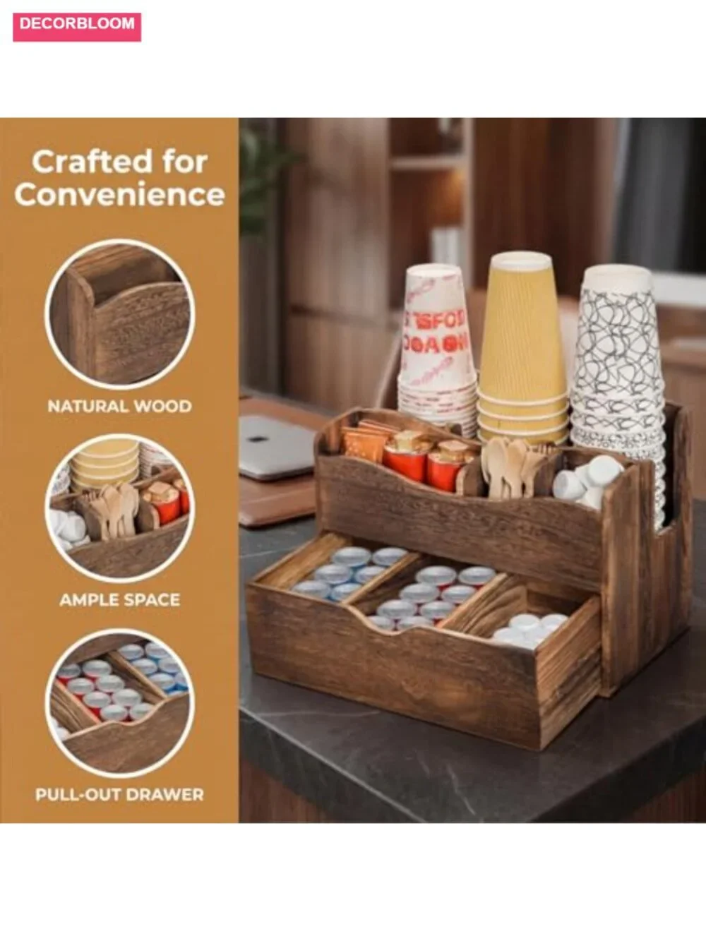 Natural Wood Coffee Station Organizer with Drawer, 6 Compartments